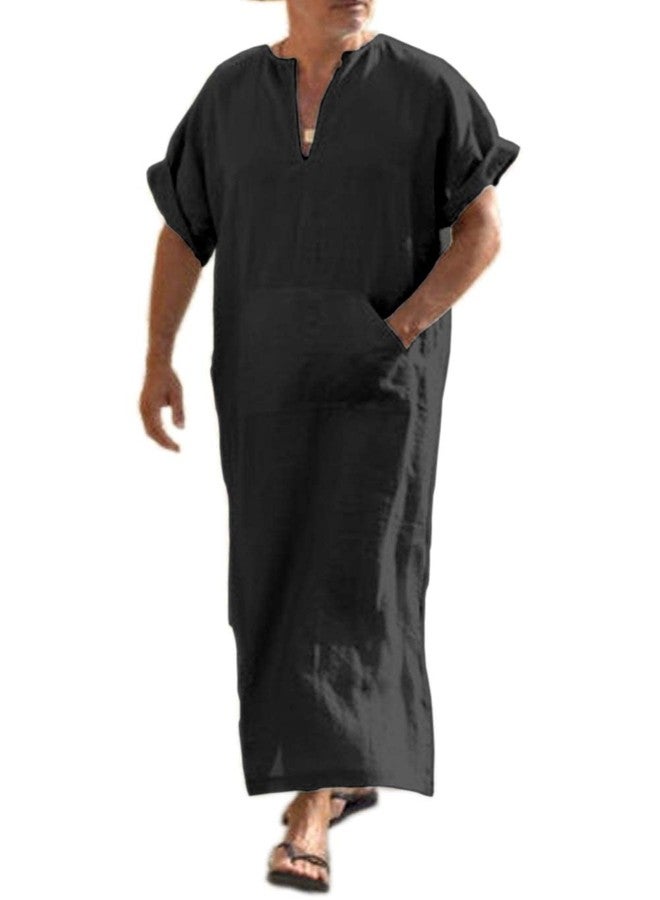 COOFANDY Men's V-Neck Linen Robe Short Sleeve Kaftan Thobe Long Gown Casual Shirt for Beach, Summer Black - Image 1